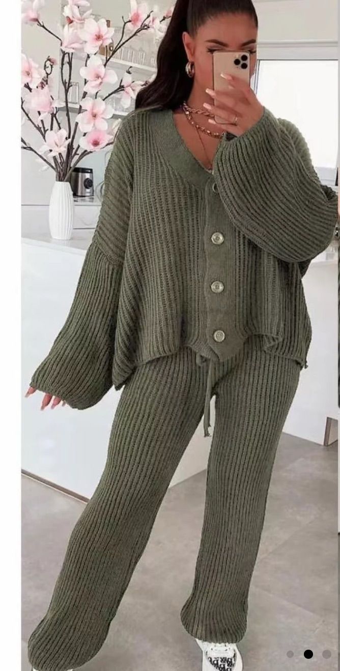 Button Cardigan & Trousers coord set - 7 Colours