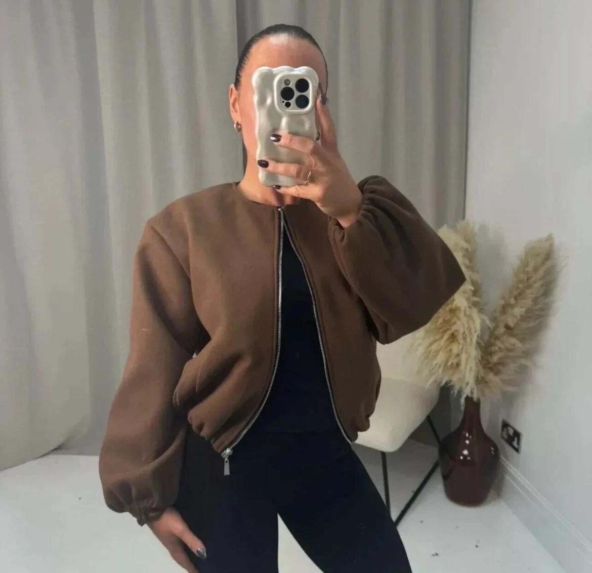 Balloon sleeve zip up jacket