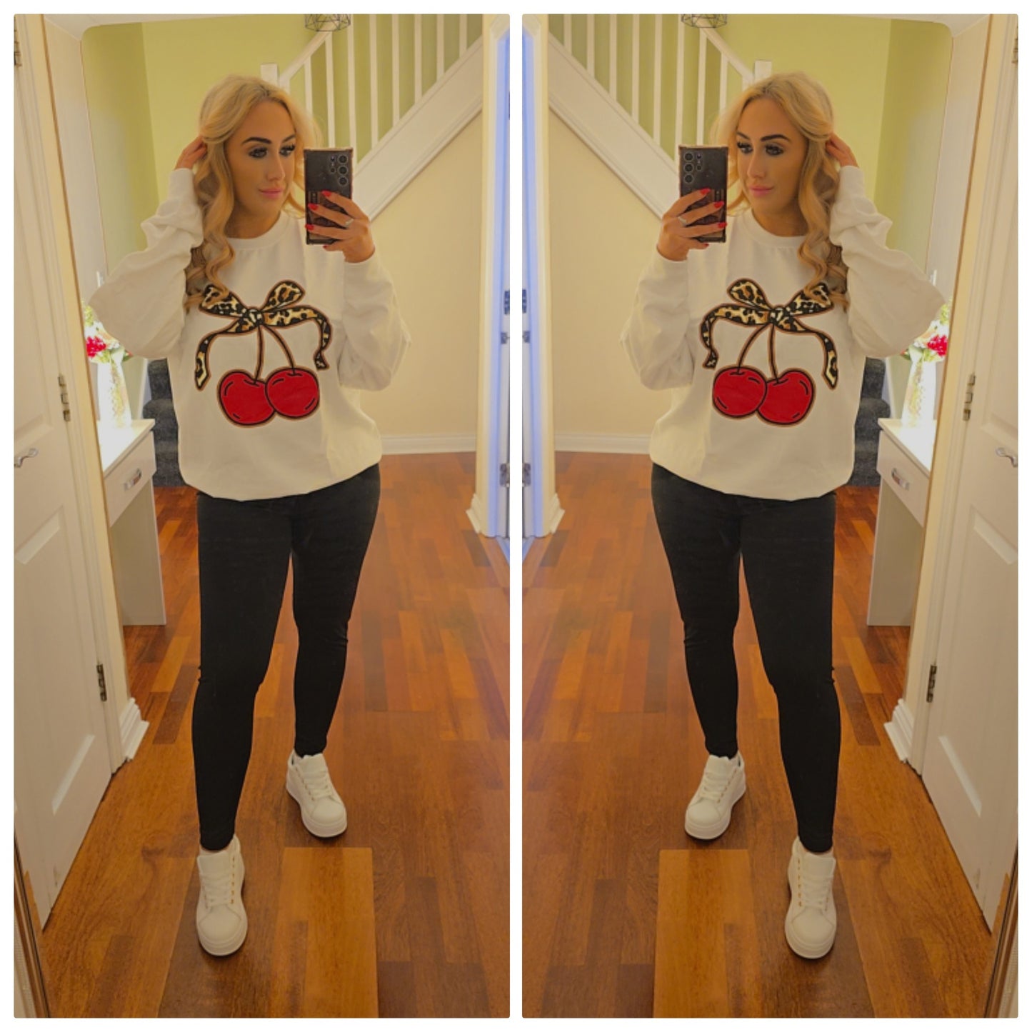 Leopard Cherry bow sweater - White