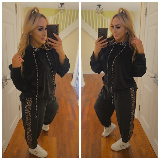 Georgia Velour leopard lounge suit - Black