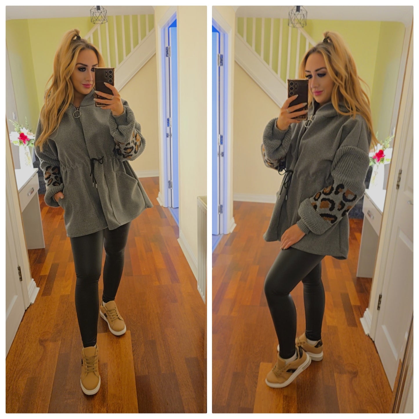 Fiona Leopard Hooded Jacket - Grey