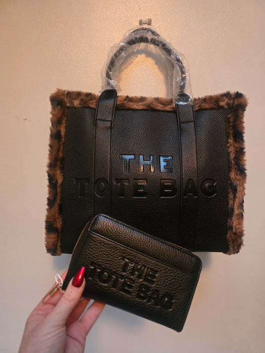 Black/leopard tote bag and purse set