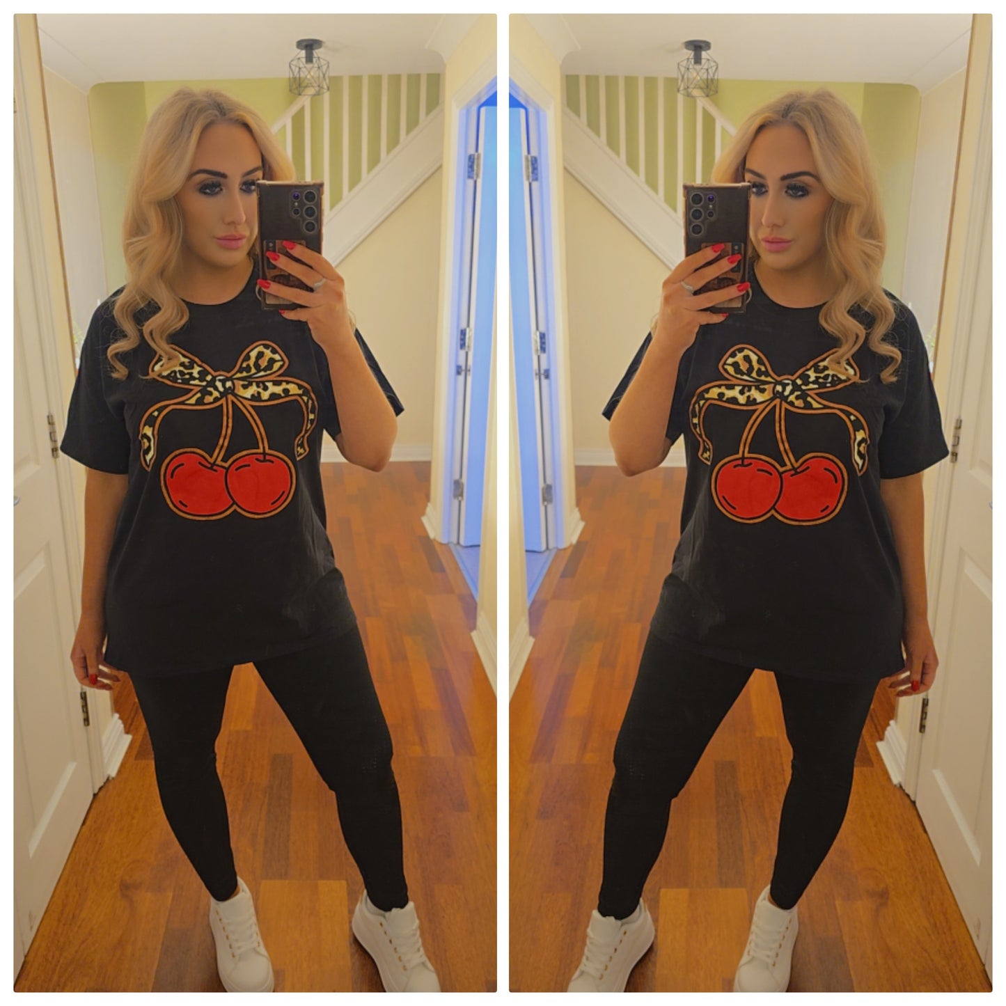 Leopard cherry bow Tee - Black