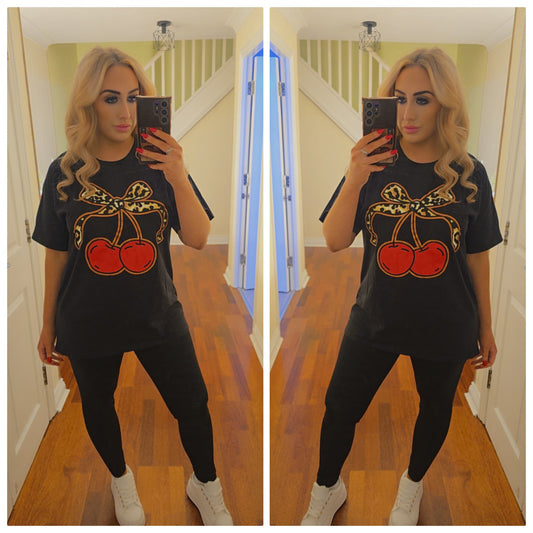Leopard cherry bow Tee - Black