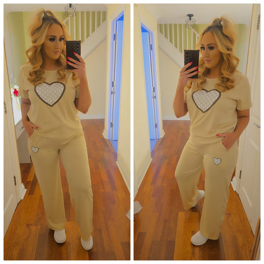 Tara Heart Top and Trouser Set - Beige