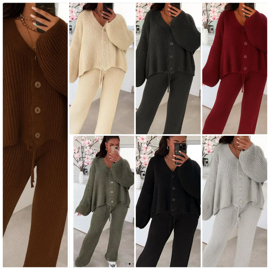 Button Cardigan & Trousers coord set - 7 Colours