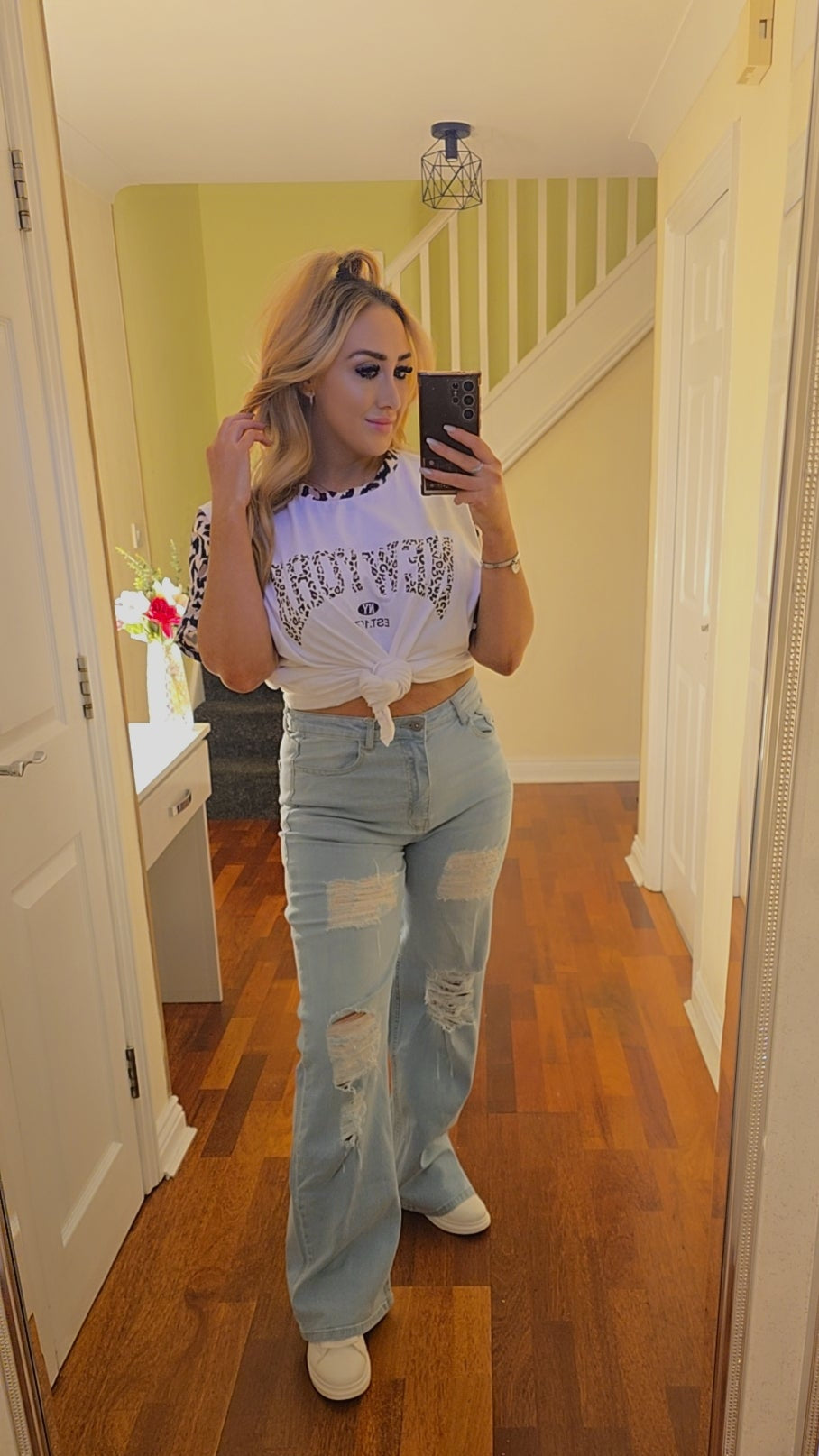 Natasha light denim ripped wide leg jeans