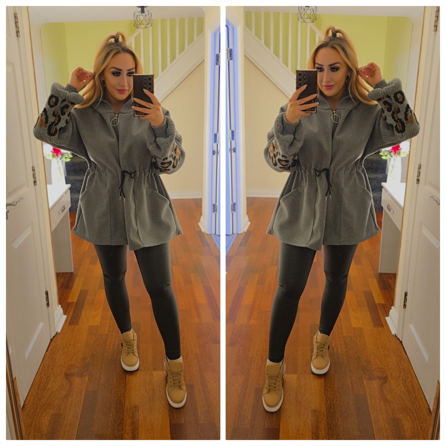 Fiona Leopard Hooded Jacket - Grey