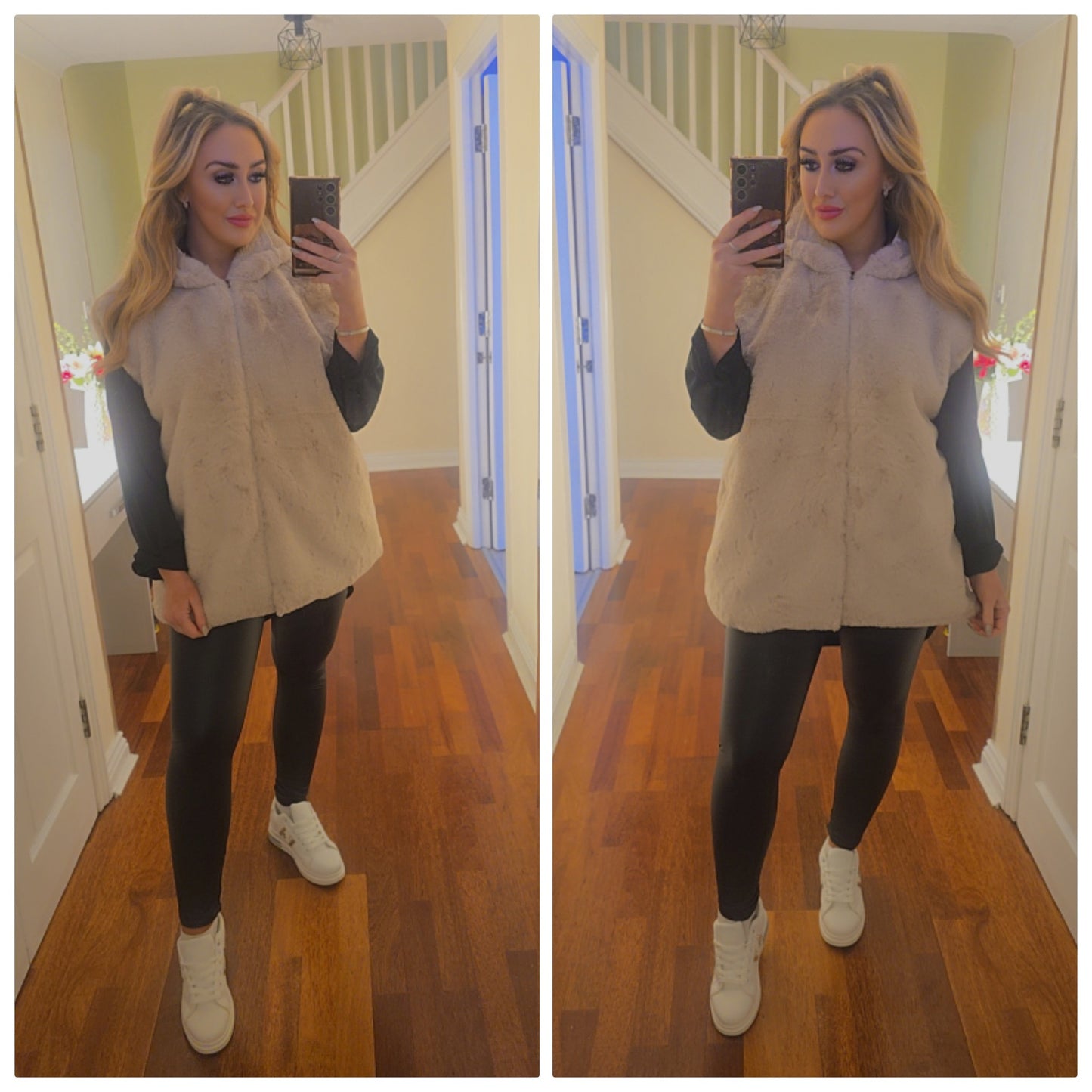 Faux fur hooded Gilet - Beige