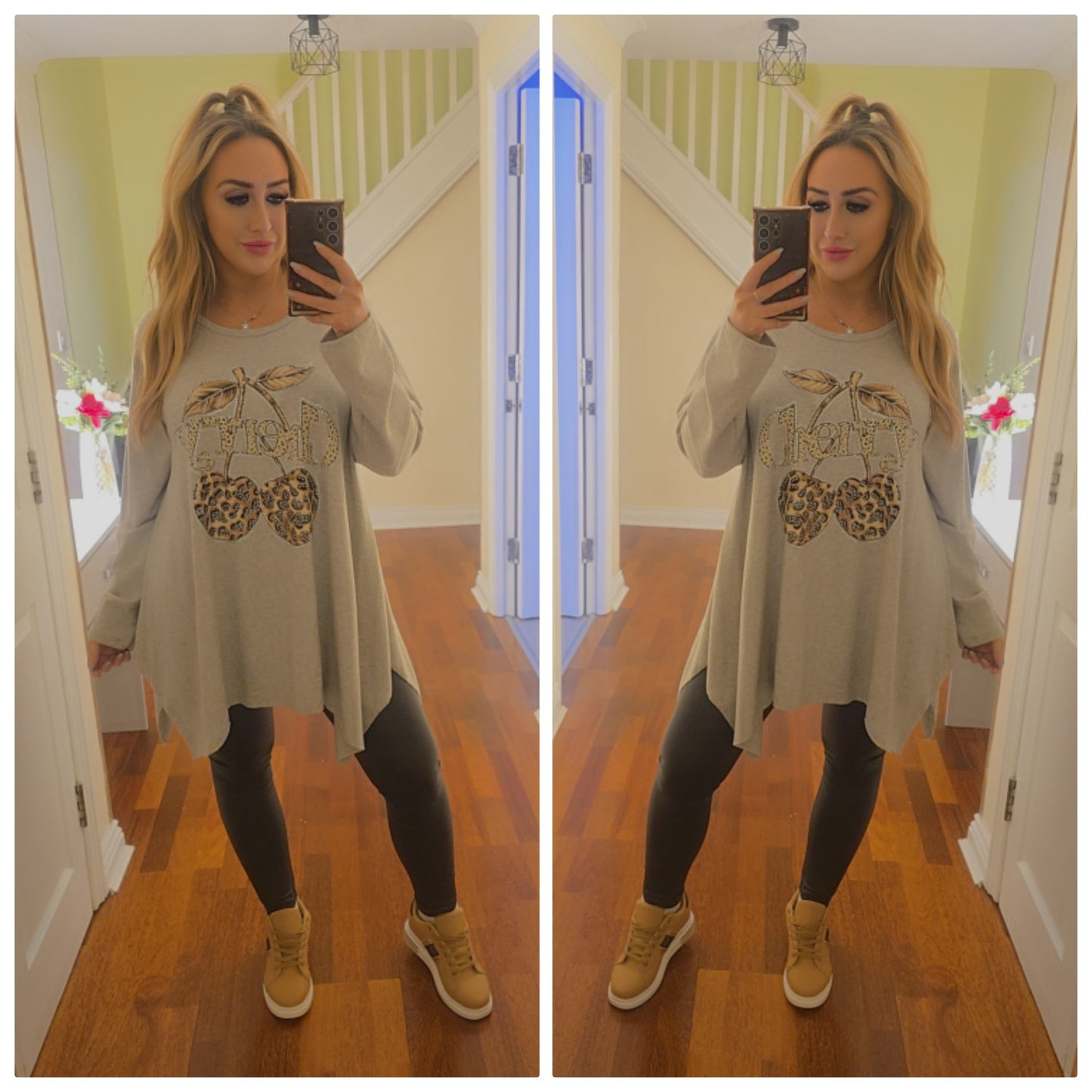 Bella Cherry Leopard waterfall top - Beige