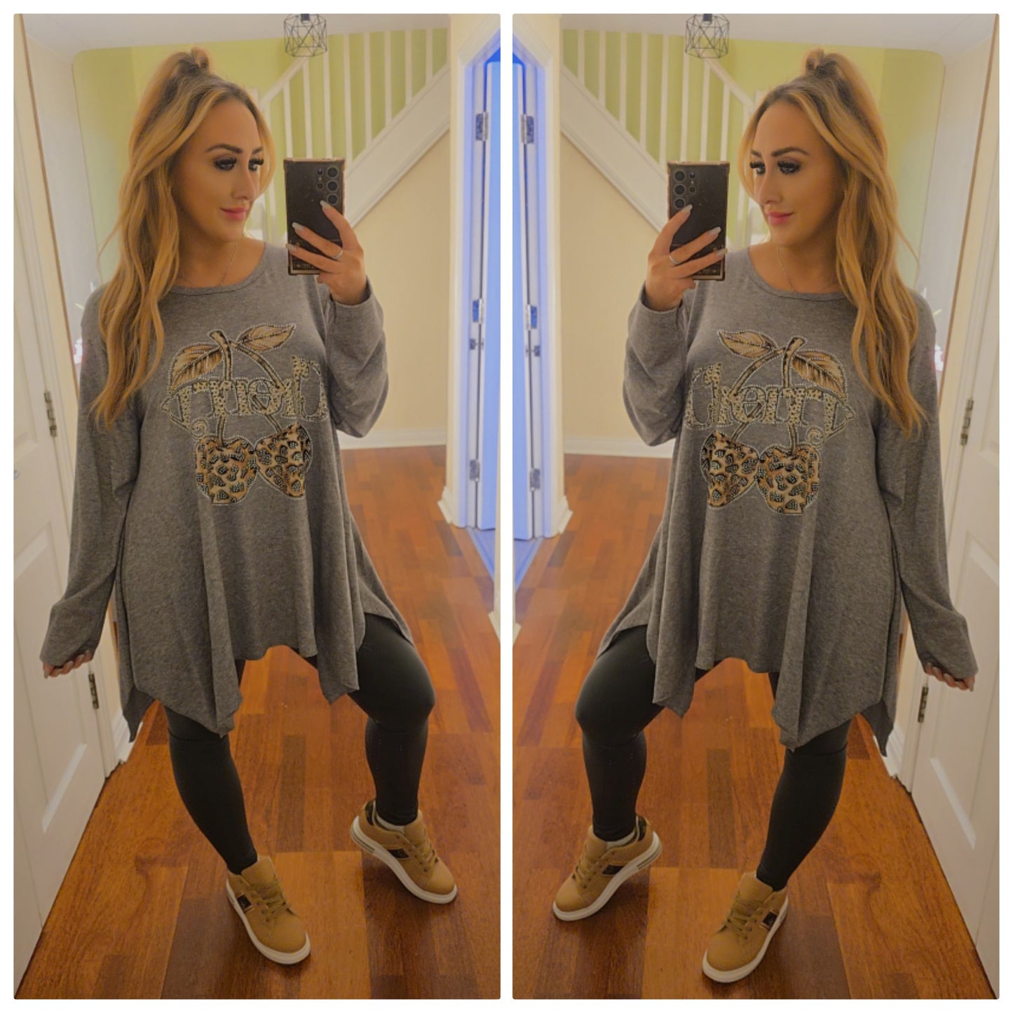 Bella Cherry Leopard waterfall top - Grey