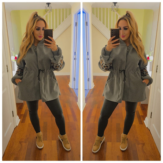 Fiona Leopard Hooded Jacket - Grey
