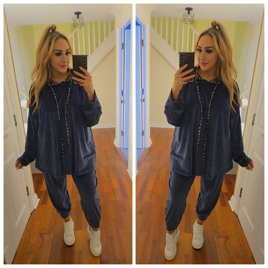 Georgia Velour leopard lounge suit - Navy