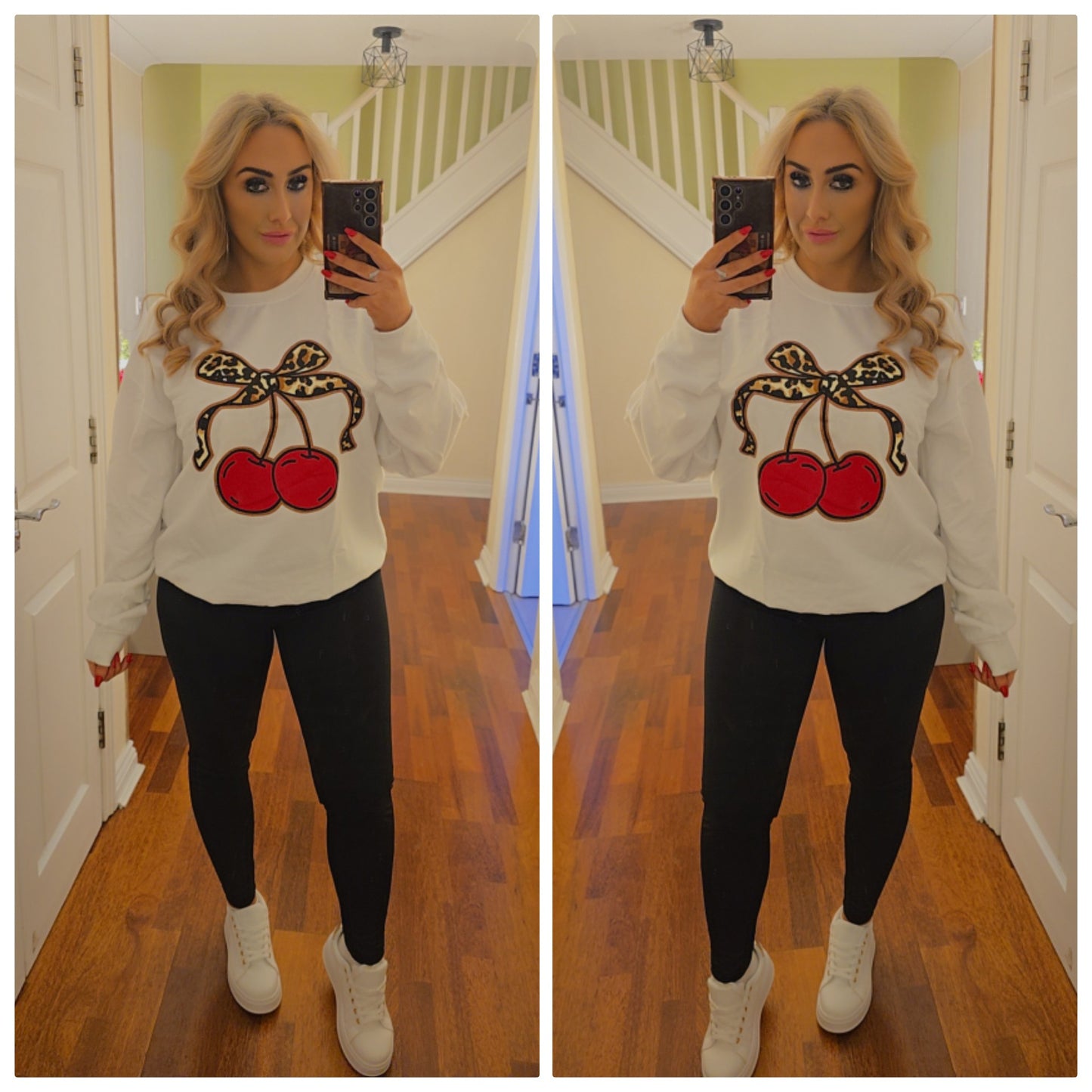 Leopard Cherry bow sweater - White