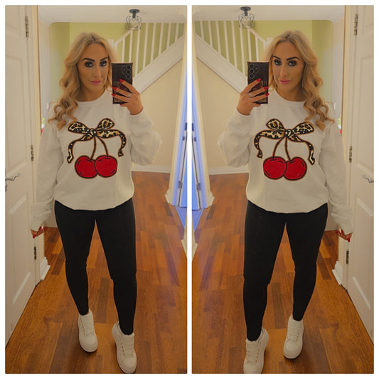 Leopard Cherry bow sweater - White