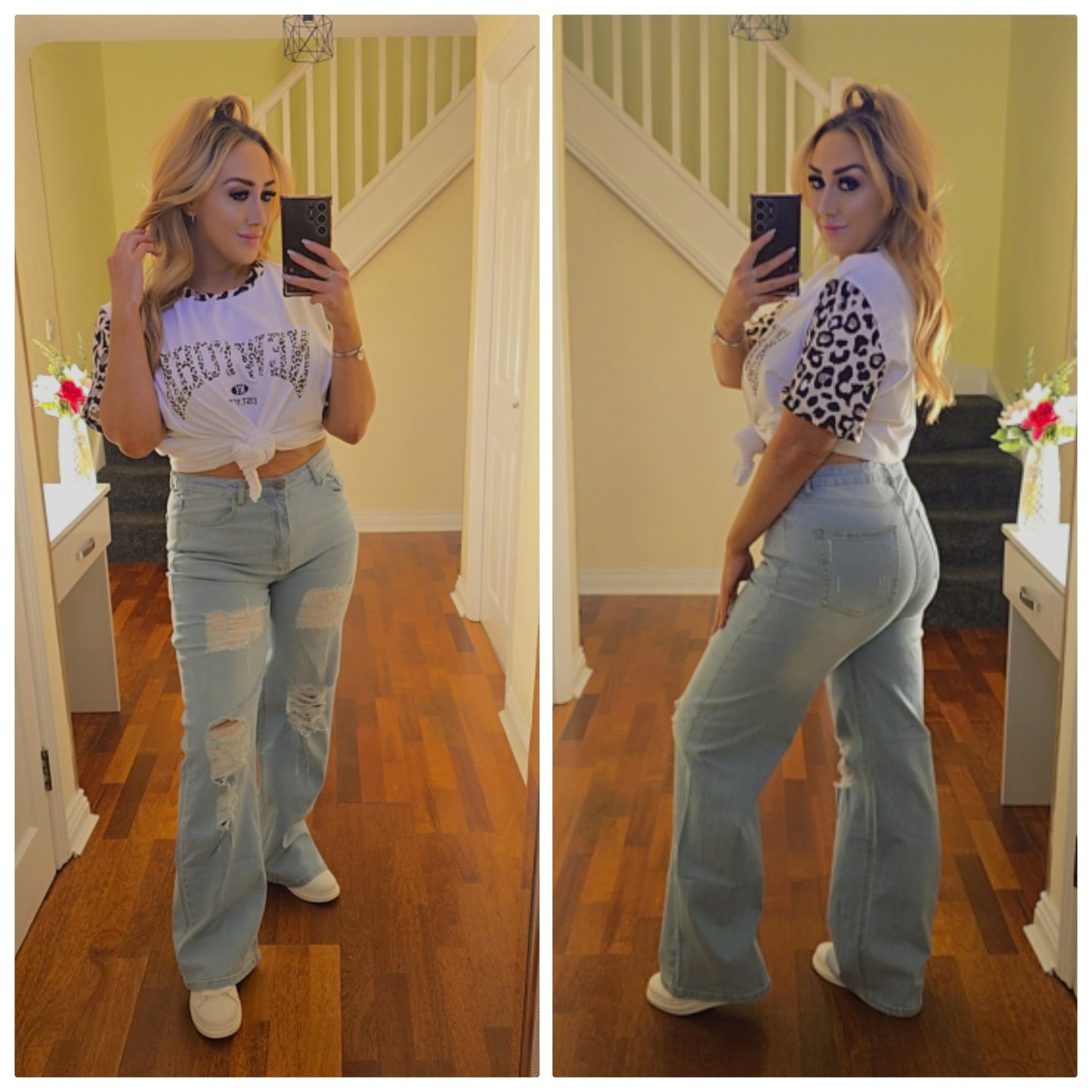 Natasha light denim ripped wide leg jeans
