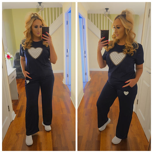 Tara Heart Top and Trouser Set - Navy