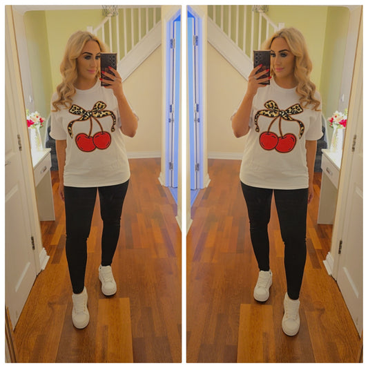 Leopard cherry bow Tee - White