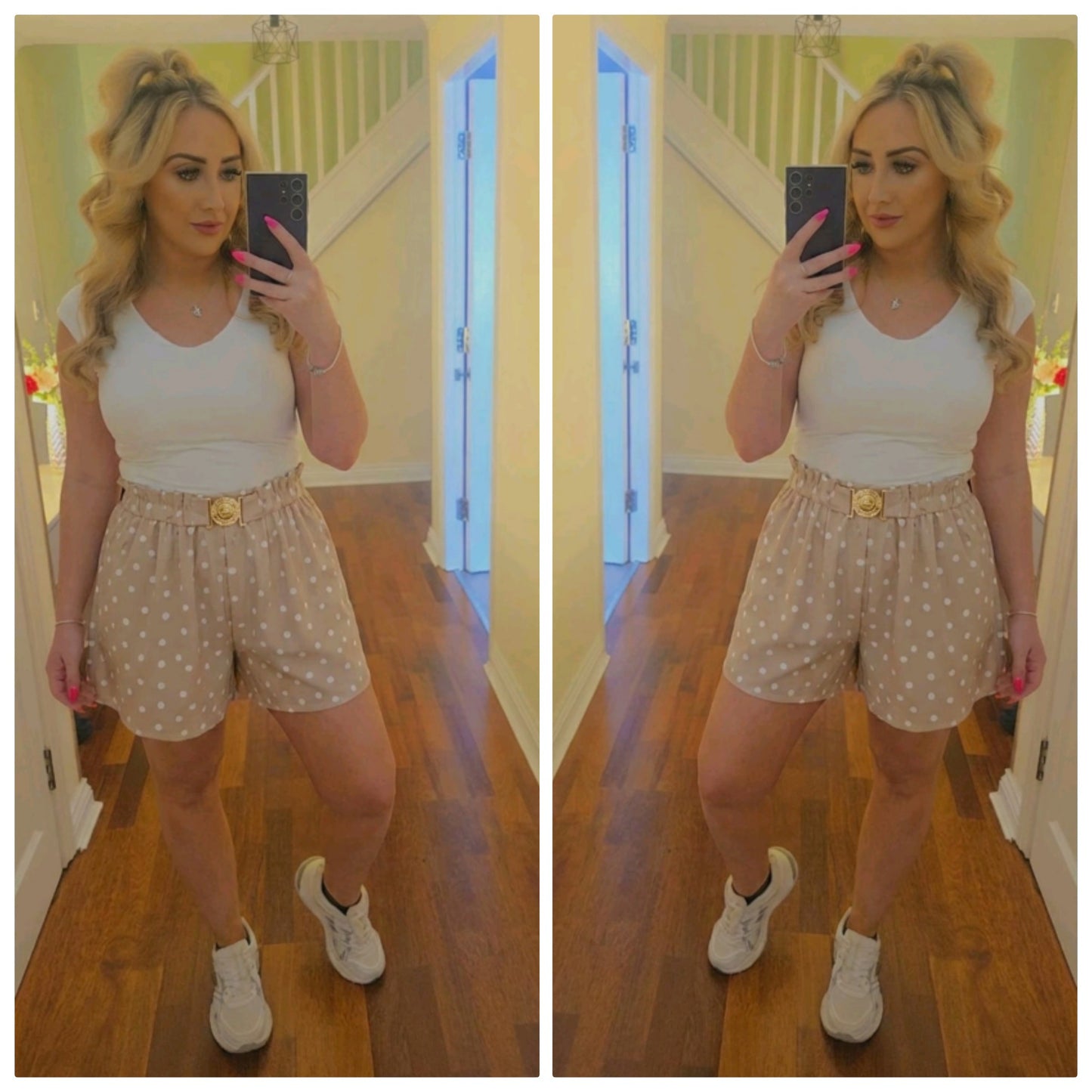 Polka Dot Paper Bag Shorts - Beige
