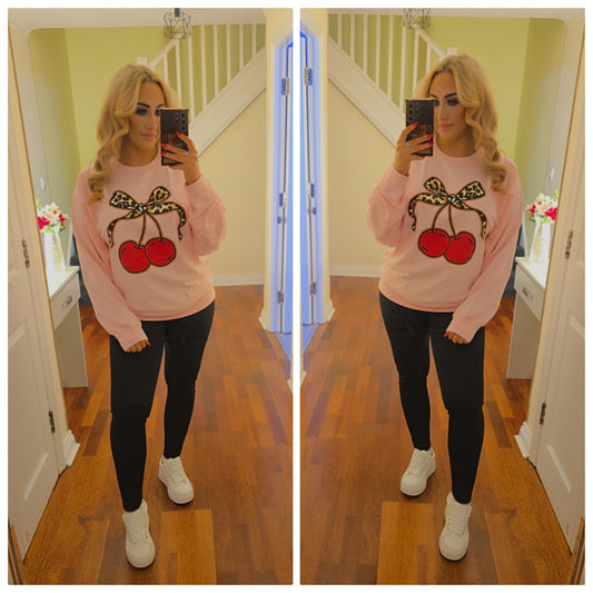 Leopard Cherry bow sweater - Pink