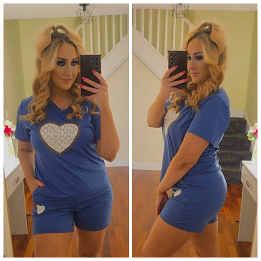 Tara Heart Top and Short Set - Denim Blue