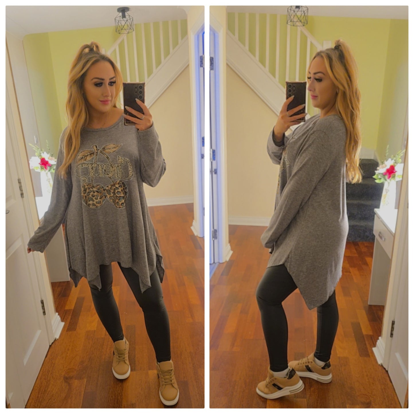 Bella Cherry Leopard waterfall top - Grey