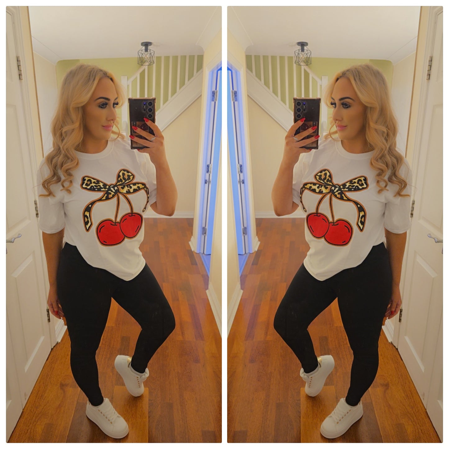 Leopard cherry bow Tee - White